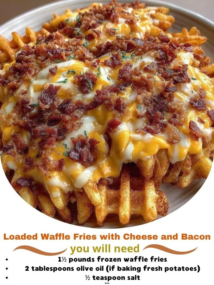 Loaded waffle fries topped with cheese and bacon, a delicious snack.