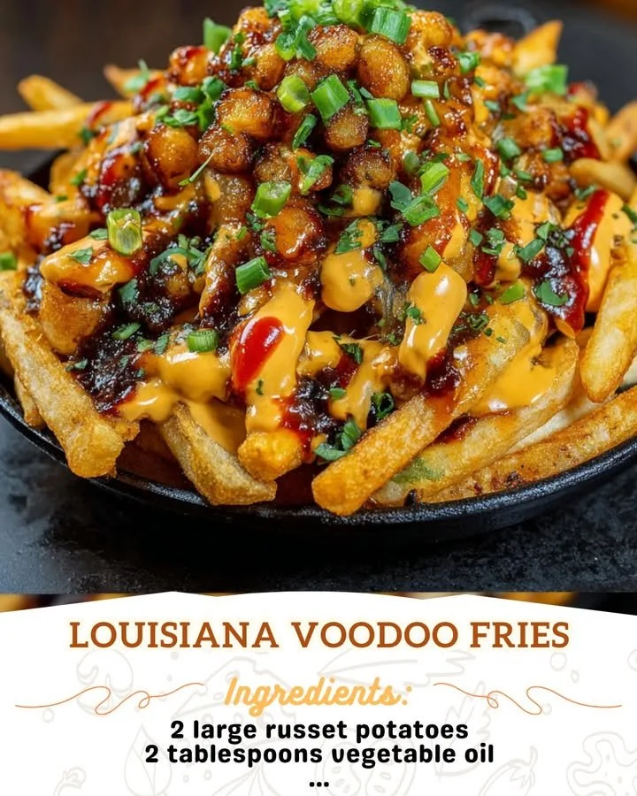 Delicious Louisiana Voodoo Fries topped with spices and sauces