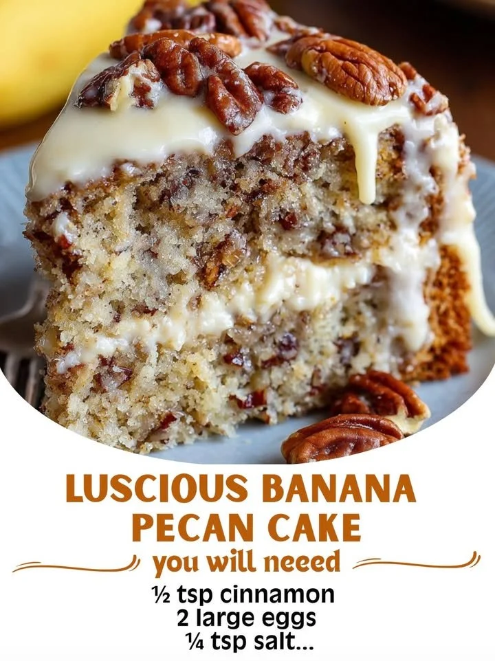 Luscious banana pecan cake with a golden crust and fresh banana slices
