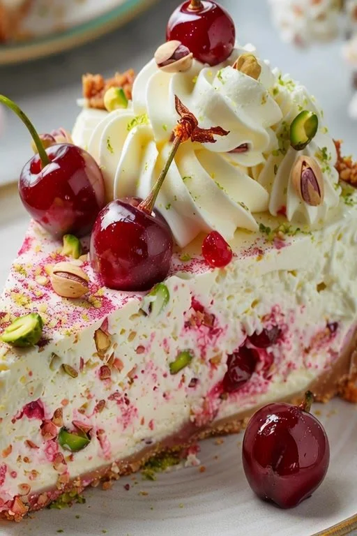 Luscious Lemon-Lime Cherry Pistachio Cheesecake with vibrant toppings