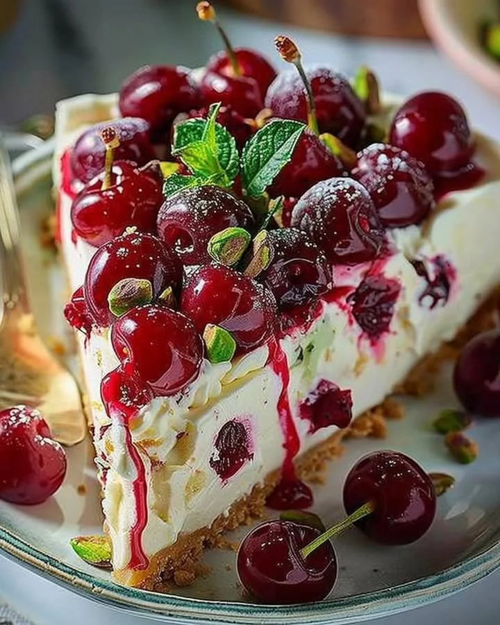Luscious Lemon-Lime Cherry Pistachio Cheesecake topped with cherries and pistachios.