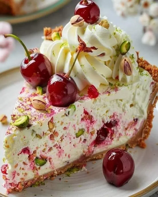 Luscious Lemon-Lime Cherry Pistachio Cheesecake garnished with cherries and pistachios
