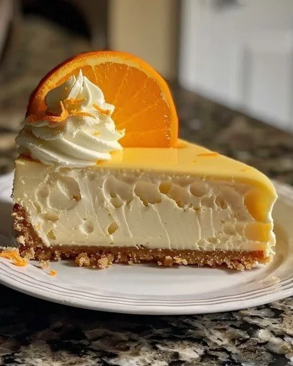 A slice of luscious Orange Creamsicle Cheesecake on a plate with a citrus garnish.