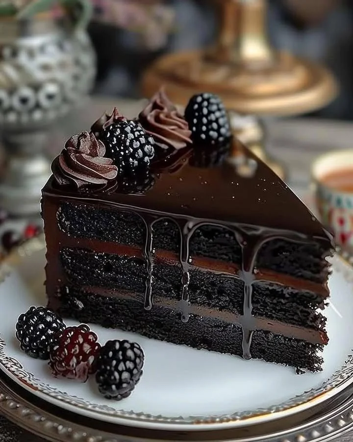 Luxurious black velvet cake with rich chocolate frosting and elegant decorations.