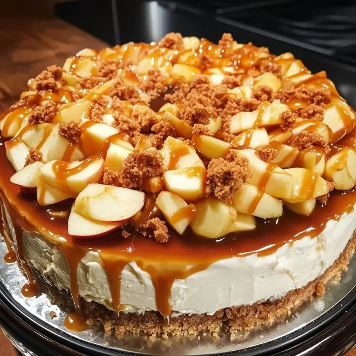 Luxurious caramel apple cheesecake topped with caramel drizzle and apple slices