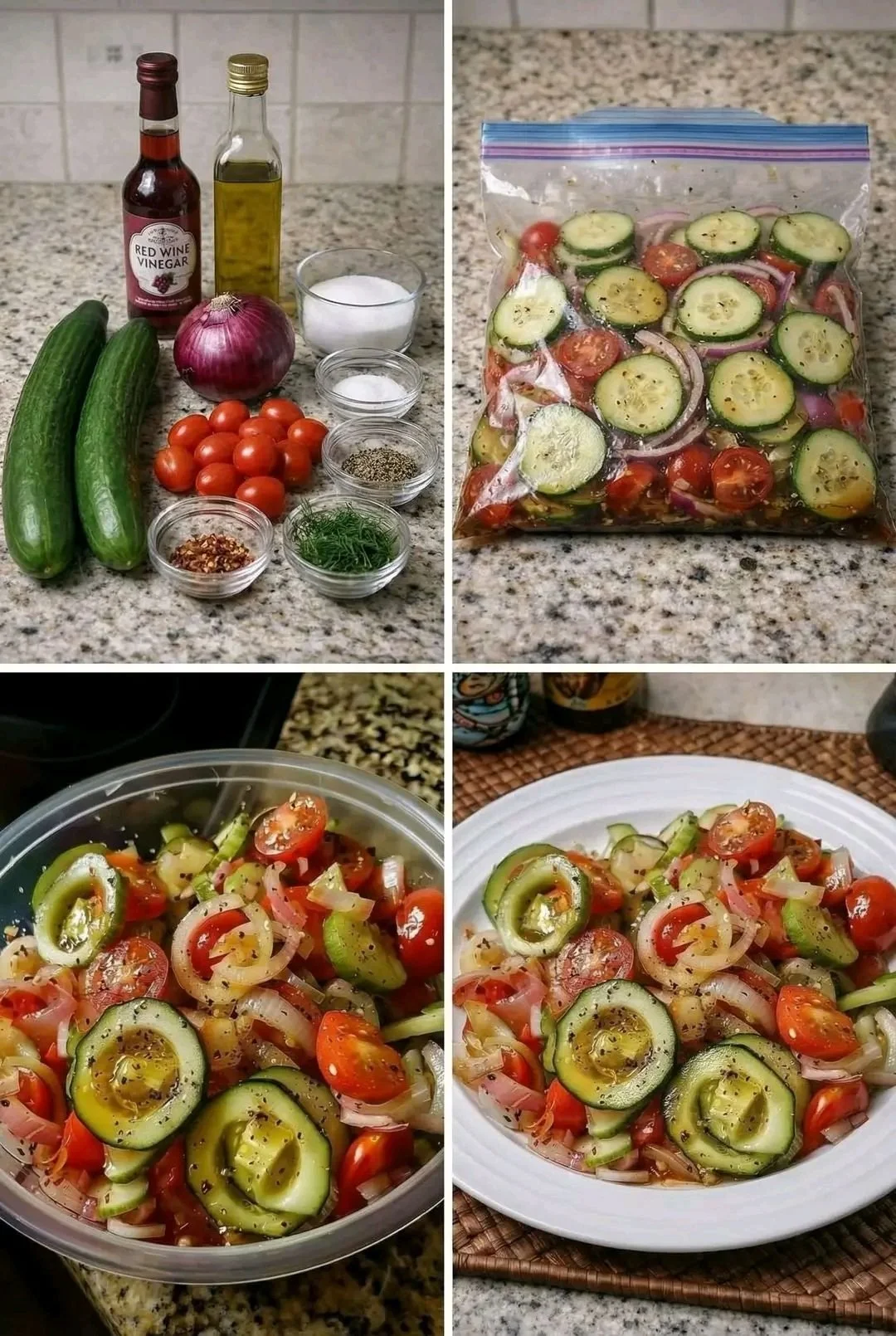Marinated cucumber salad with onion and tomato, served in a bowl