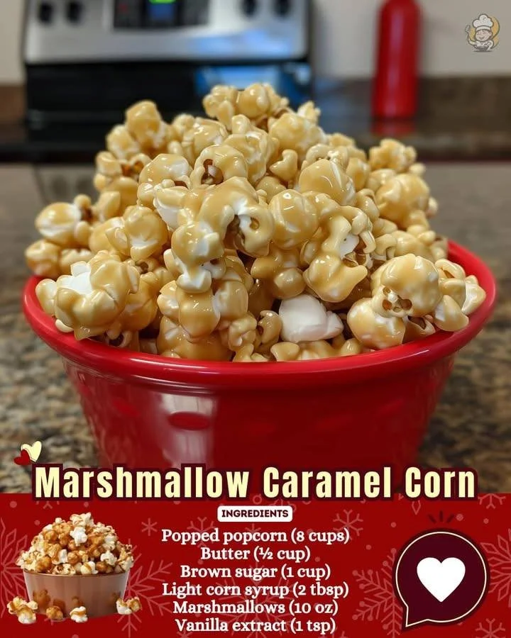 Delicious bowl of Marshmallow Caramel Corn topped with caramel drizzle