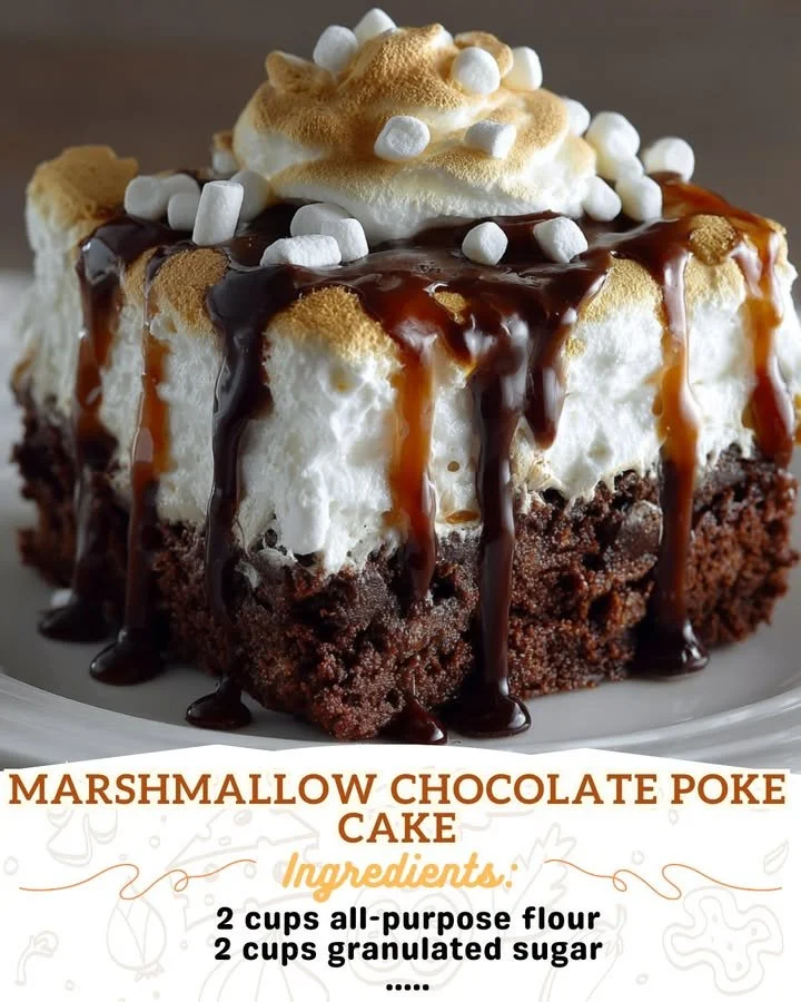 Delicious Marshmallow Chocolate Poke Cake served on a plate with chocolate drizzle