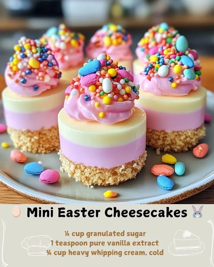 Mini Easter Cheesecakes topped with colorful candy decorations