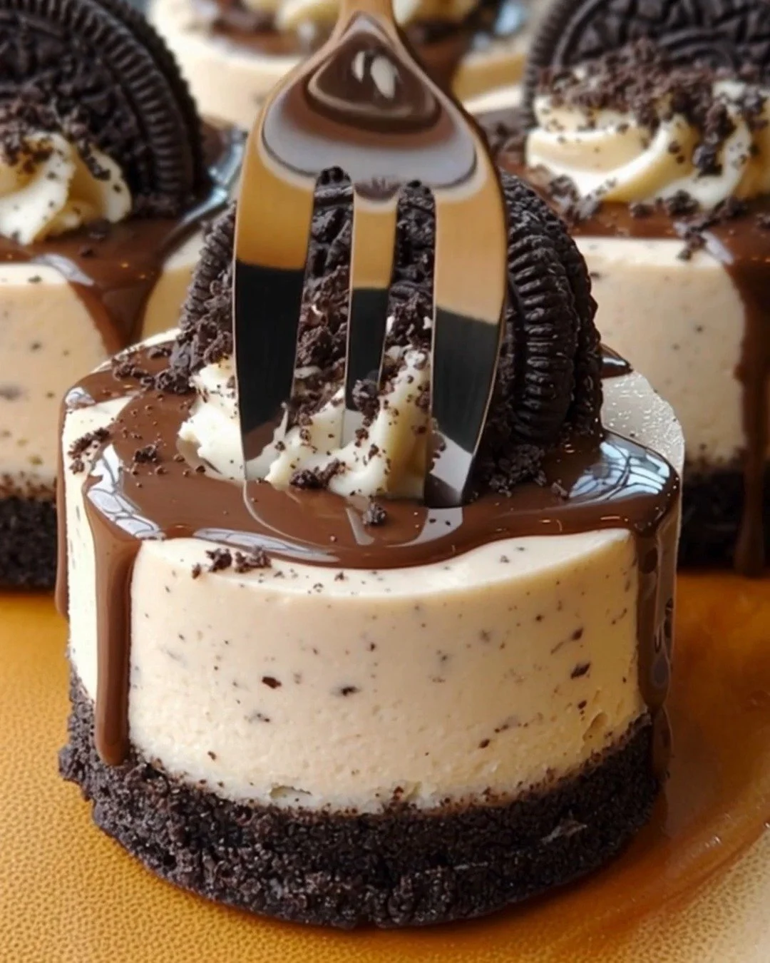 Mini Oreo mousse cakes topped with crushed Oreos and whipped cream
