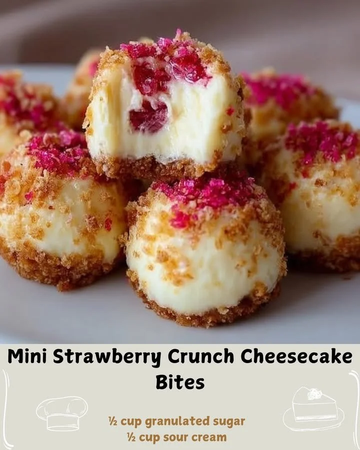 Mini strawberry crunch cheesecake bites served on a plate, delicious dessert idea