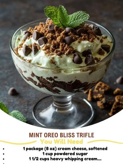 Mint Oreo Bliss Trifle featuring layers of mint cream and crushed Oreos.