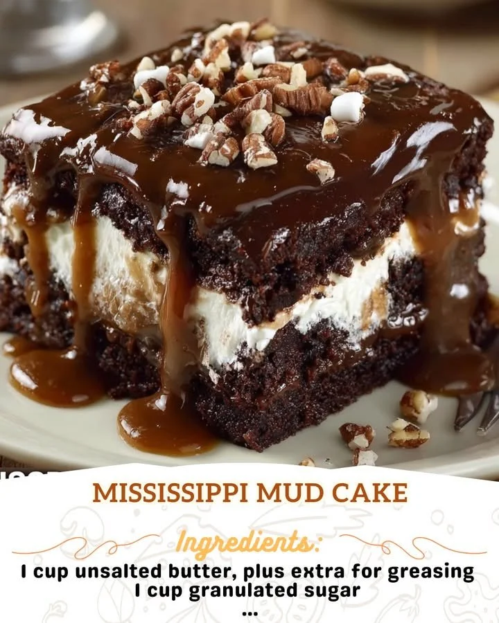 Deliciously rich Mississippi Mud Cake slice topped with chocolate and walnuts