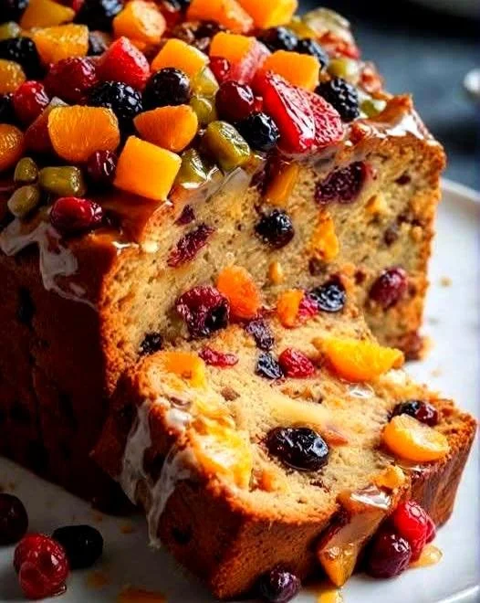 Mixed fruit yogurt cake topped with assorted fresh fruits and yogurt