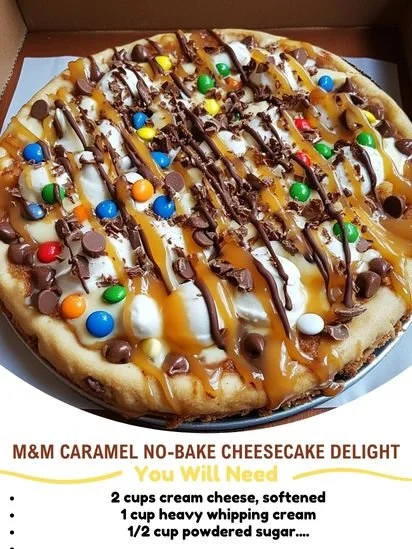 M&M Caramel No-Bake Cheesecake Delight topped with colorful M&M candies.