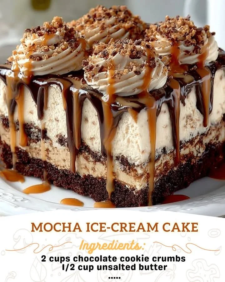 Delicious homemade Mocha Ice-Cream Cake topped with chocolate and coffee flavors