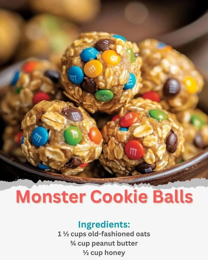 Delicious homemade Monster Cookie Balls with oats, chocolate, and candies.