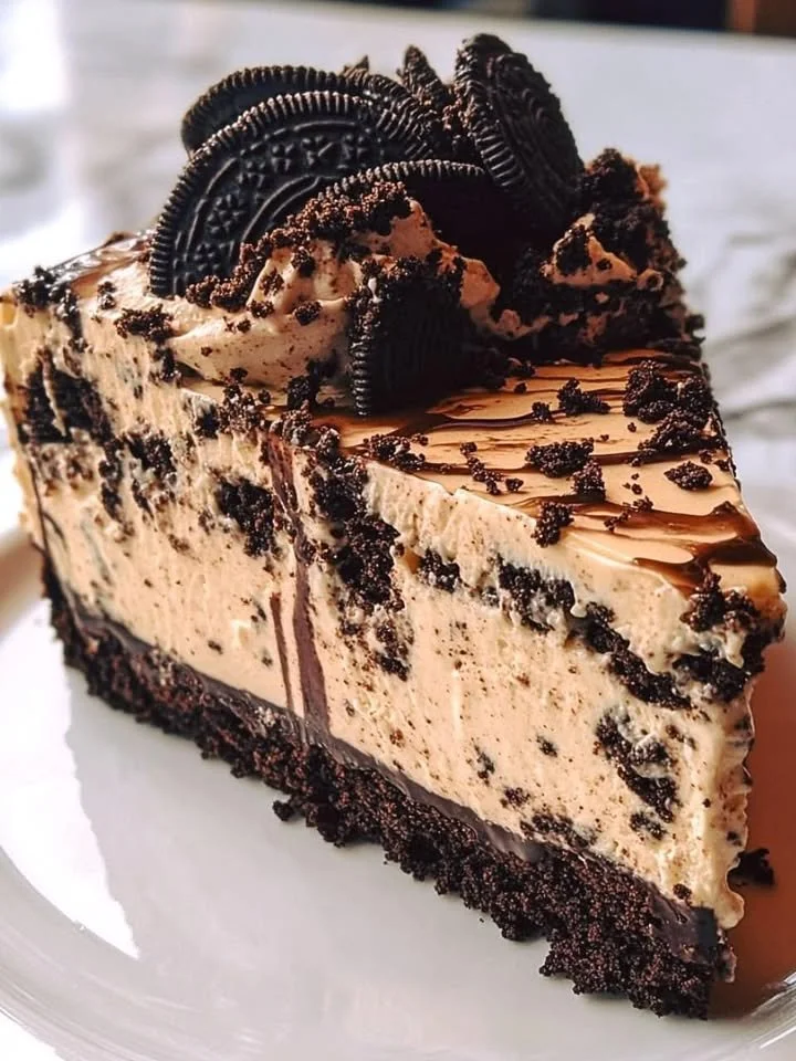 Mosaic Velvet Oreo Cheesecake topped with crushed Oreos and chocolate drizzle