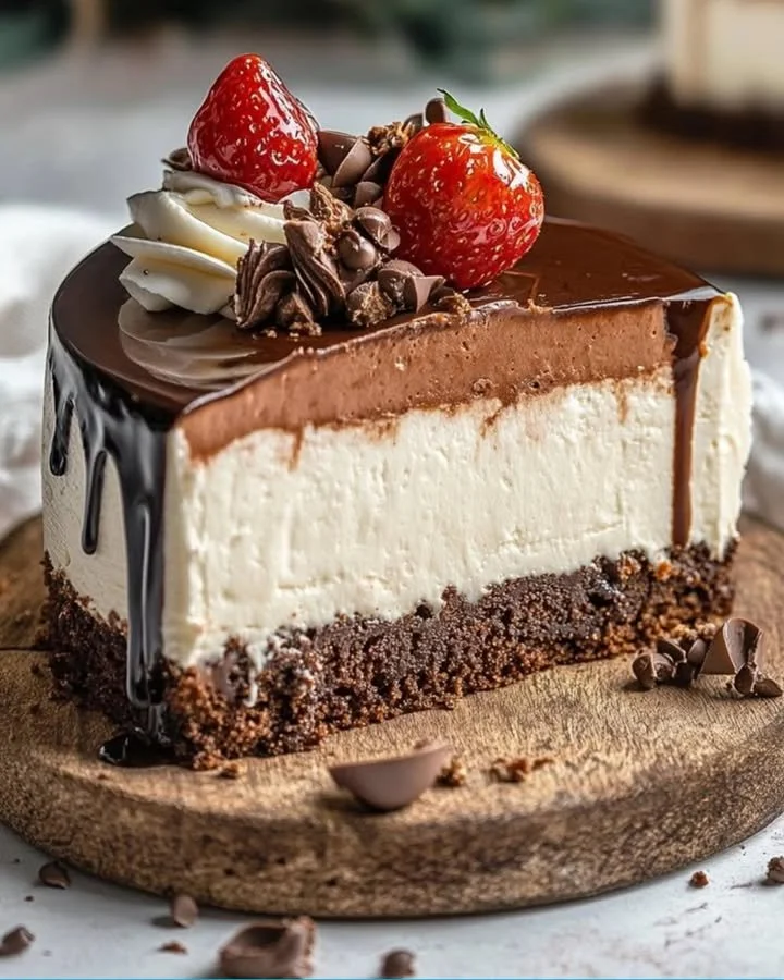 Delicious mousse cake decorated with fresh berries and chocolate drizzle.