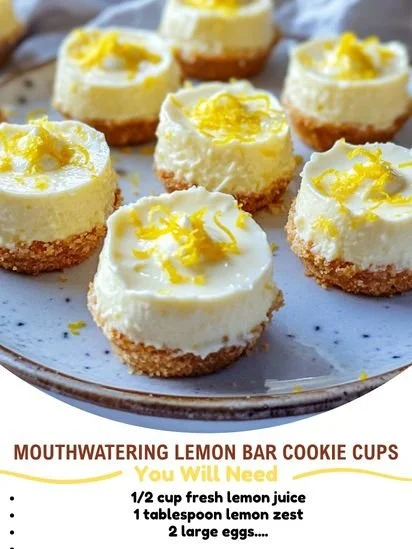 Delicious lemon bar cookie cups served on a plate with fresh lemon slices