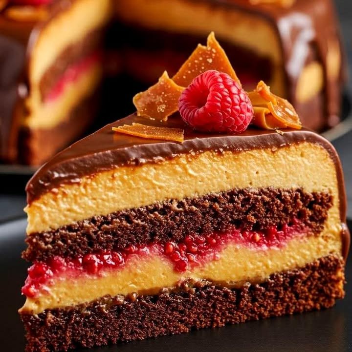Chocolate Raspberry Caramel Mousse Cake