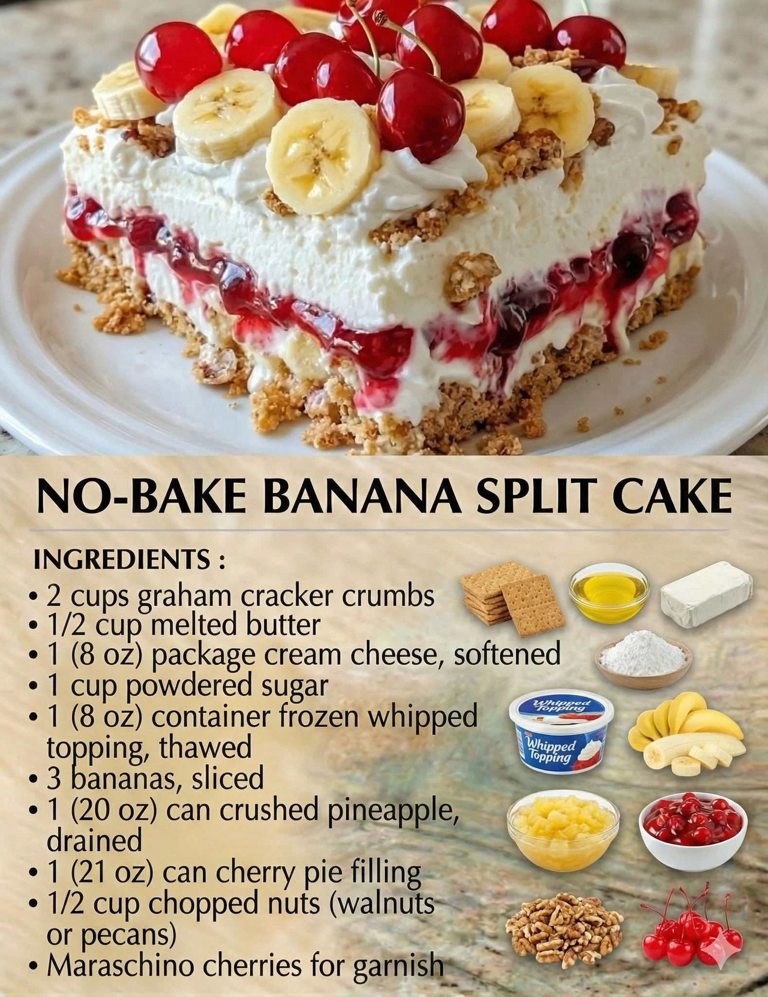 No-bake banana split cake with fresh bananas, whipped cream, and chocolate sauce.