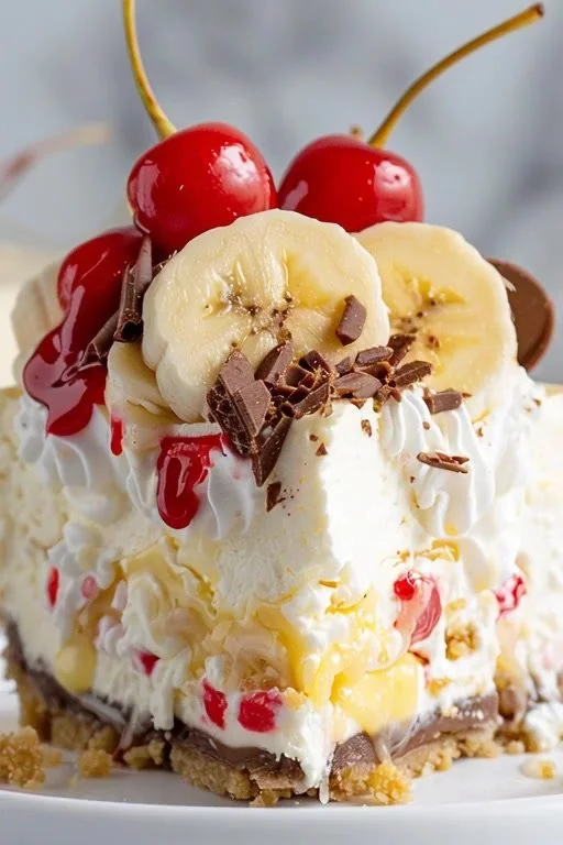 Delicious no-bake banana split cheesecake served with toppings