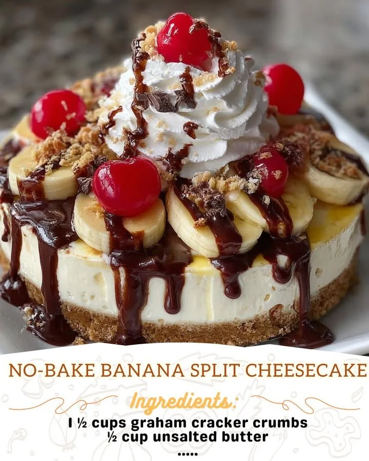 No-bake banana split cheesecake topped with bananas and whipped cream