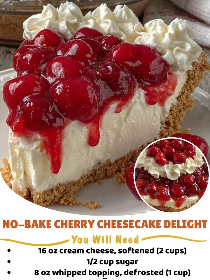 No-Bake Cherry Cheesecake Delight topped with fresh cherries
