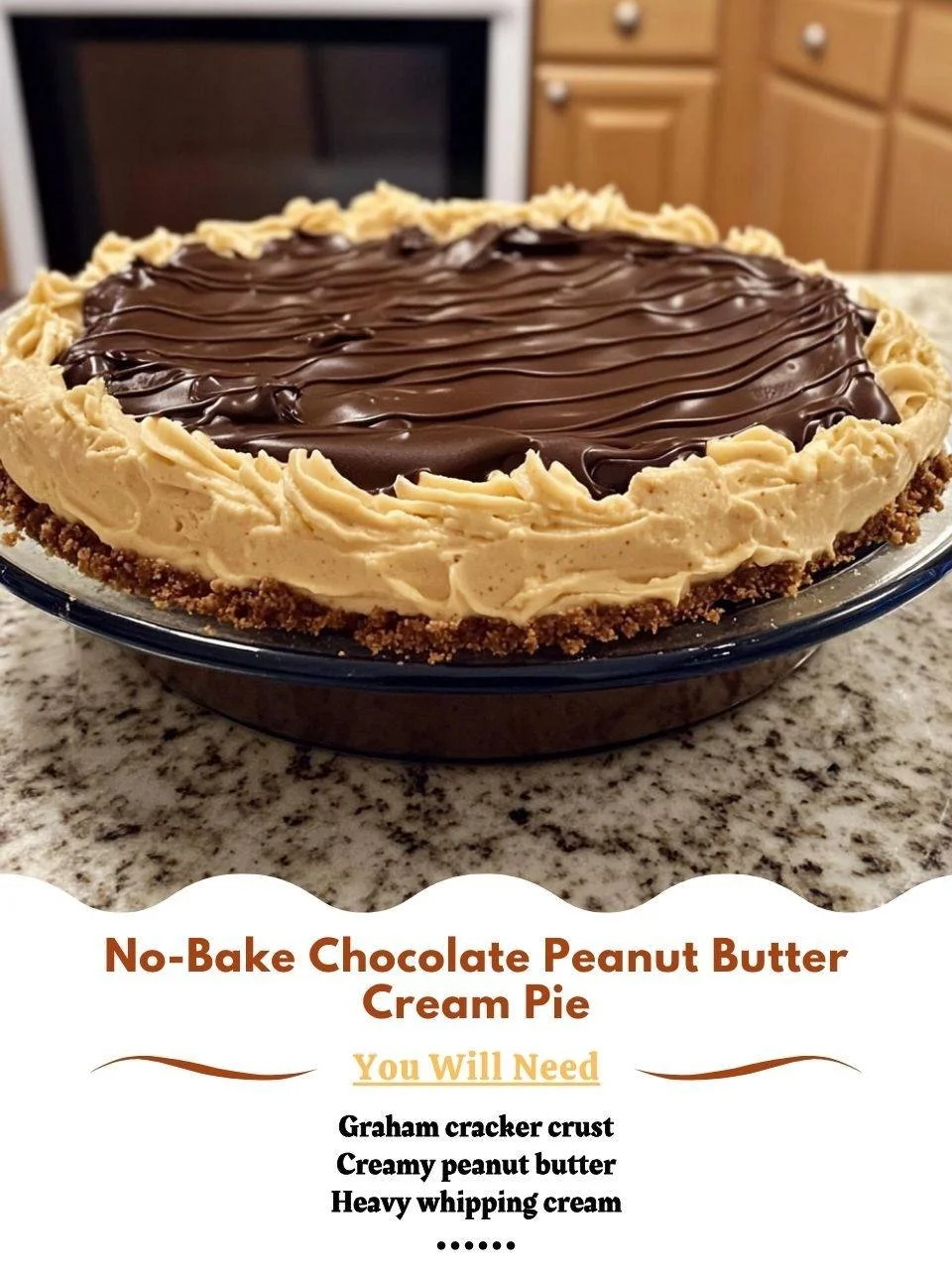 No Bake Chocolate Peanut Butter Cream Pie with chocolate drizzles and whipped cream
