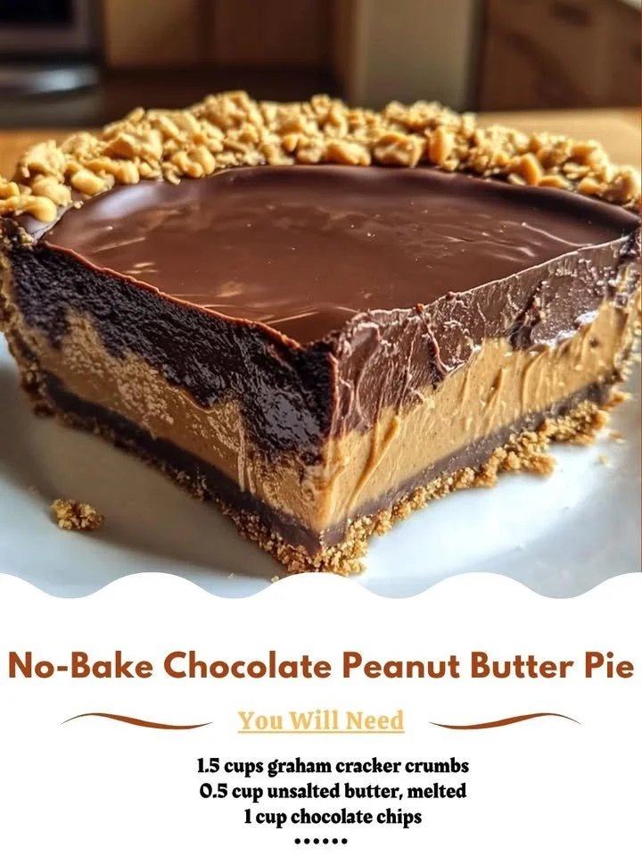 No-bake chocolate peanut butter pie served on a plate