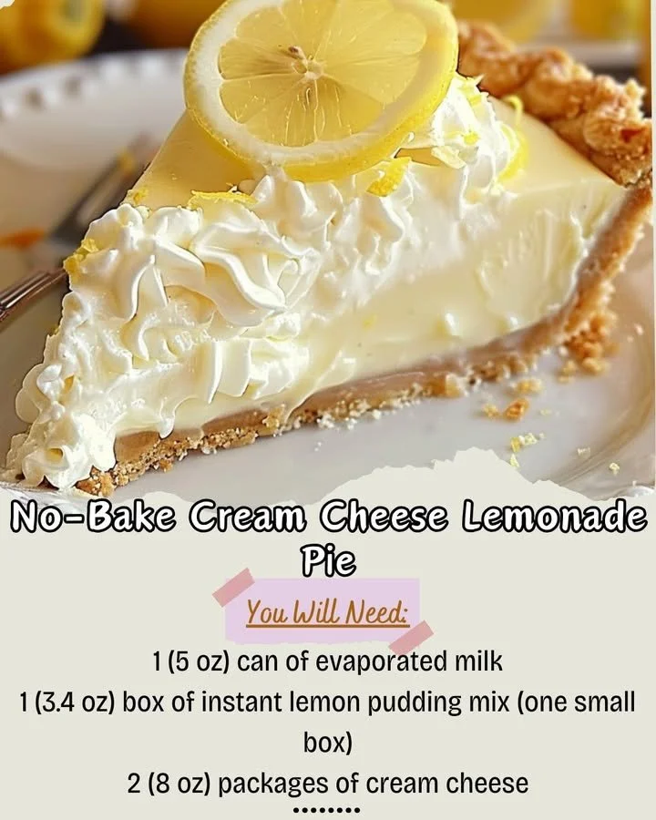 No-Bake Cream Cheese Lemonade Pie slice on a plate with lemonade in the background
