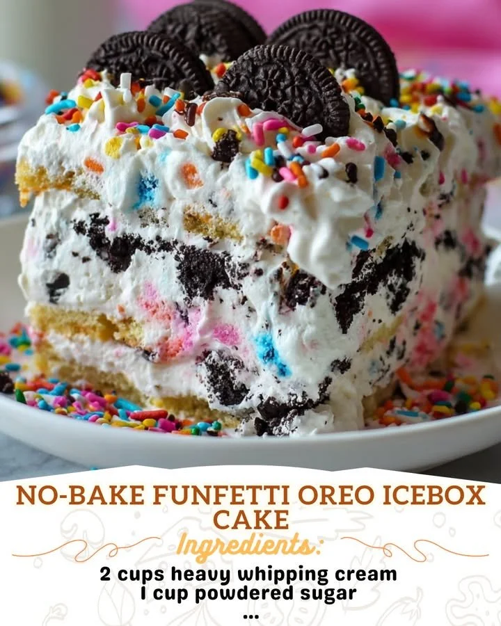 No-Bake Funfetti Oreo Icebox Cake with colorful sprinkles and Oreos