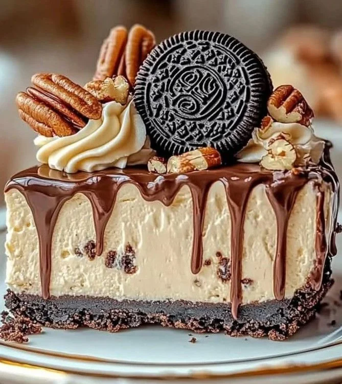 No-Bake German Chocolate Cheesecake topped with coconut and pecans