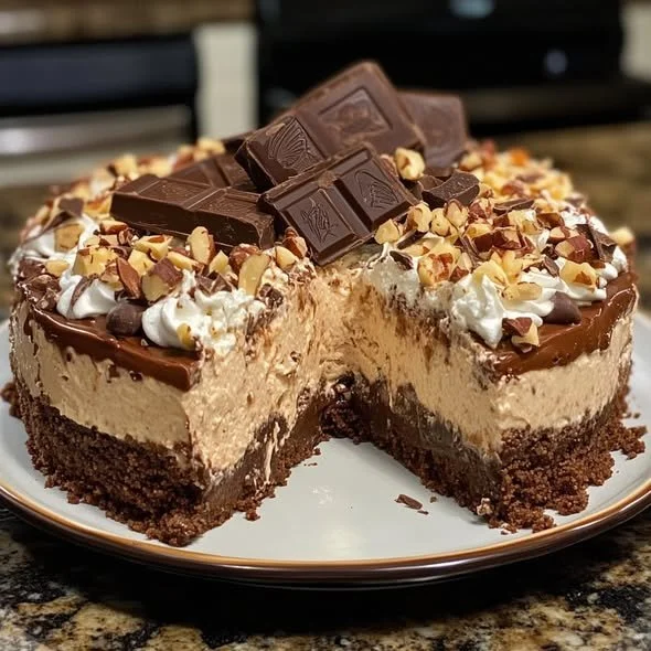 Delicious No-Bake German Chocolate Cheesecake topped with coconut and pecans
