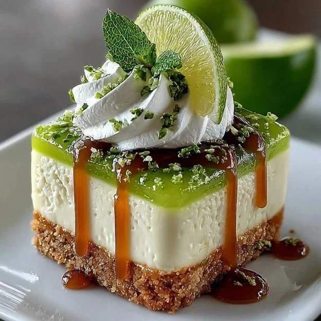 No-bake lime mousse cheesecake served on a plate with lime slices and mint garnish.