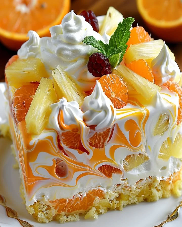 No-bake orange pineapple swirl cheesecake topped with fresh fruit