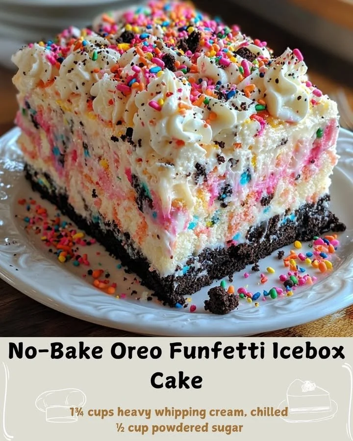 No-Bake Oreo Funfetti Icebox Cake with colorful sprinkles and Oreo cookies