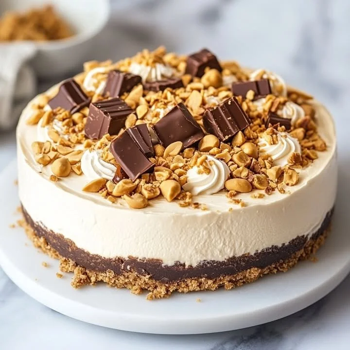 No-Bake Peanut Butter Cheesecake topped with chocolate drizzle and peanuts