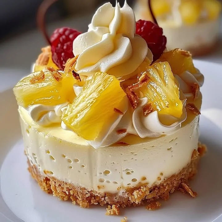 No-Bake Pineapple Heaven Cheesecake topped with fresh pineapple slices