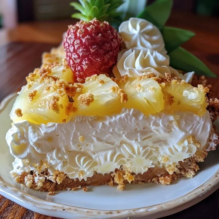 No-Bake Pineapple Heaven Cheesecake dessert topped with fresh pineapple slices