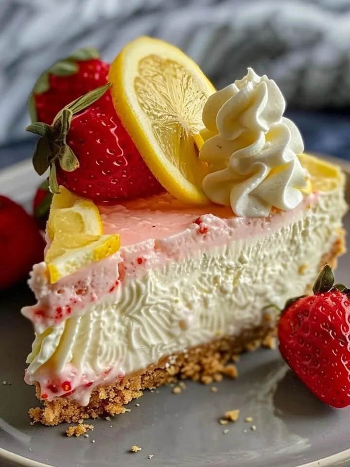 No-bake strawberry lemon cheesecake topped with fresh strawberries.
