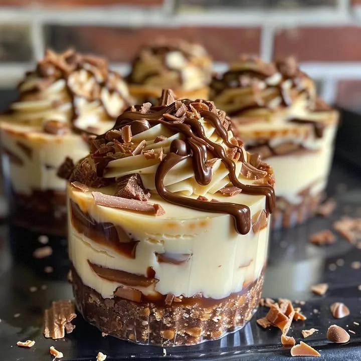 No bake turtle mini cheesecakes topped with caramel and chocolate drizzle