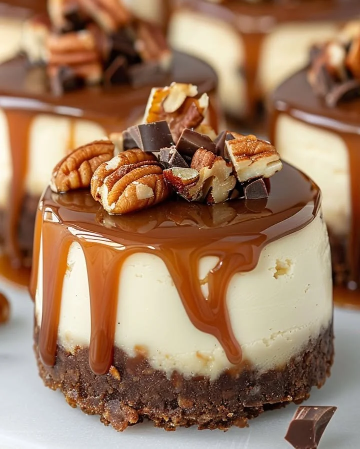 No bake turtle mini cheesecakes with caramel, chocolate, and pecans