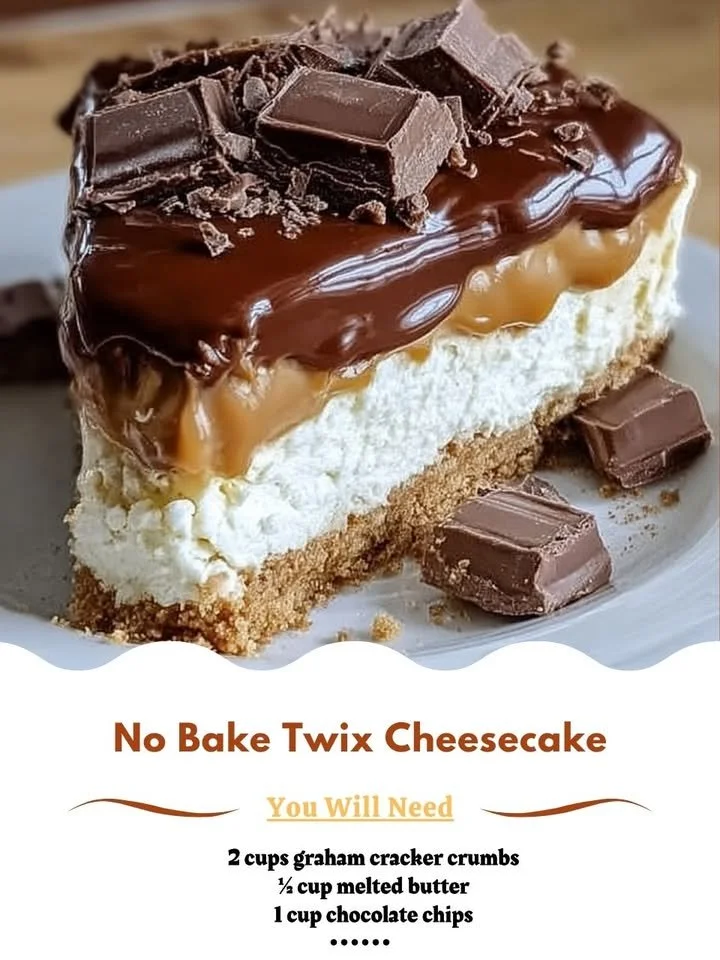 Delicious no bake Twix cheesecake topped with chocolate and caramel sauce.