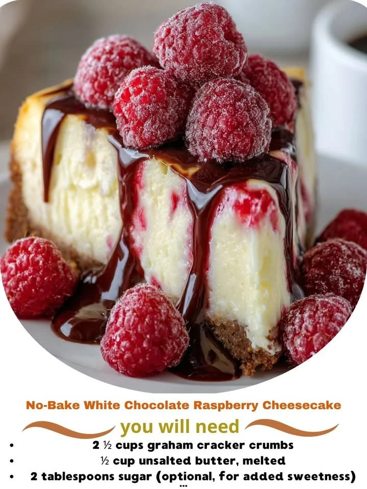 No-bake white chocolate raspberry cheesecake topped with fresh raspberries.