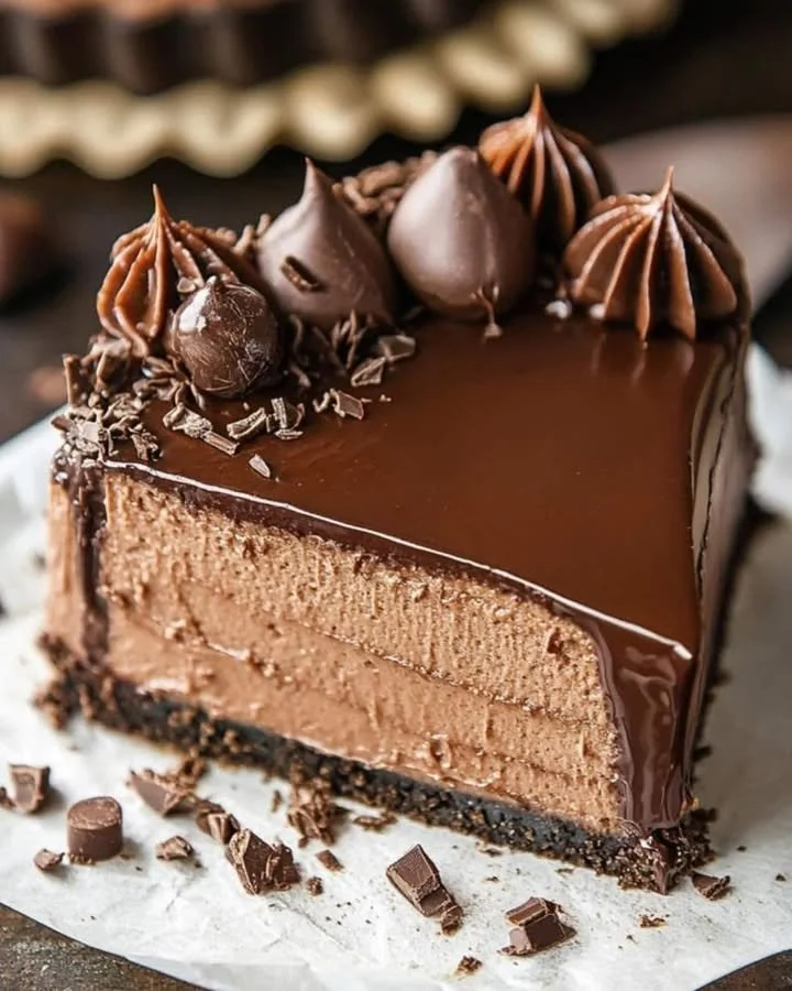 Delicious Nutella Cheesecake topped with chocolate drizzle and hazelnuts.