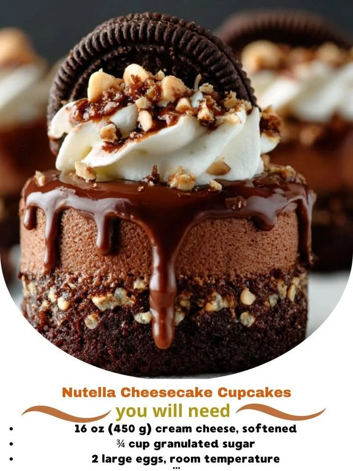 Delicious Nutella cheesecake cupcakes with a creamy topping and chocolate drizzle