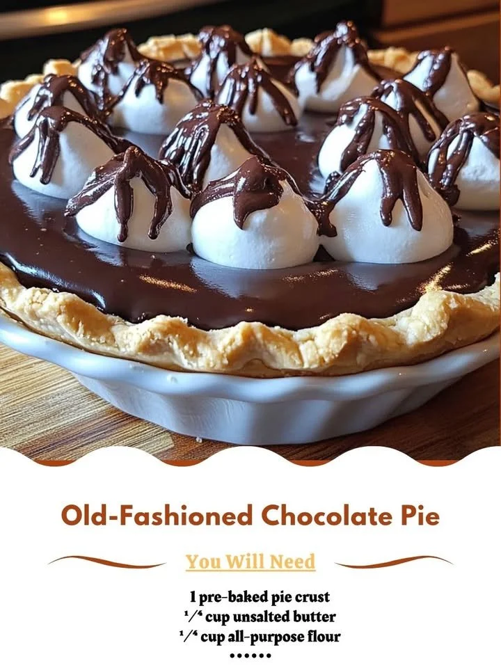 Old-Fashioned Chocolate Pie fresh from the oven, topped with whipped cream.