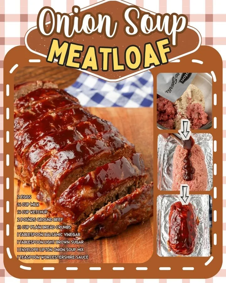 Delicious Onion Soup Meatloaf topped with a rich balsamic glaze